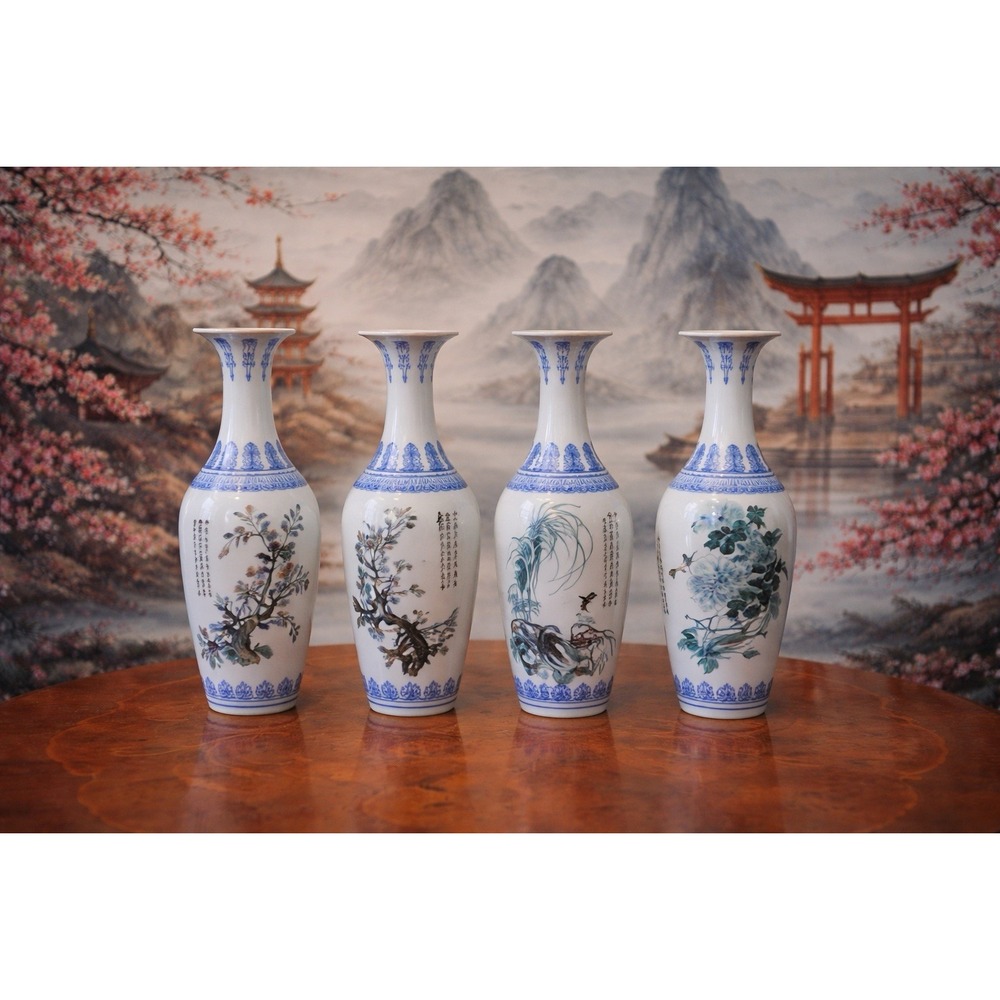 Blue & White Chinoiserie Jingdezhen Eggshell Porcelain Four Season Vases